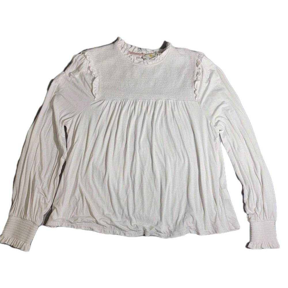 Boden Shirt Women‎ 14 White Smocked Yoke Jersey Knit Top Preppy Boho Cottage